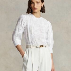Ralph Lauren Embroidered Linen & Lace Blouse Romantic Puff Sleeve Top NWOT